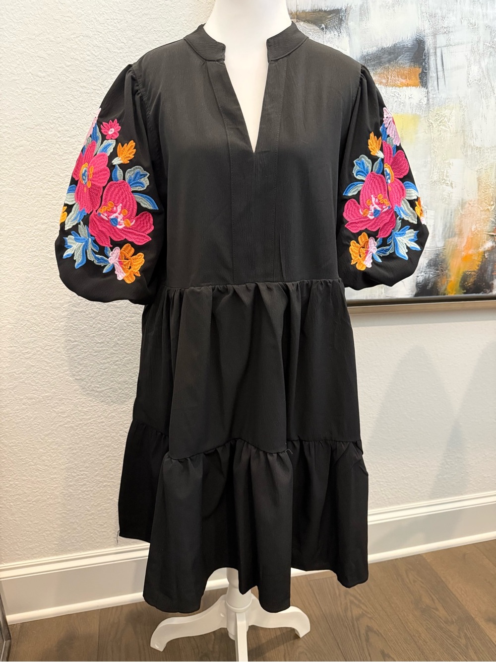Embroidered Dress with Puff Sleeves